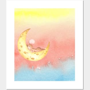 Cute mice sleeping on the cheese moon Posters and Art